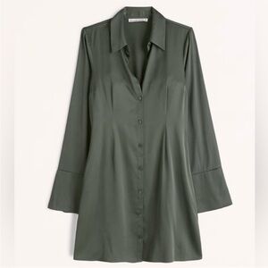 Olive Satin Shirt Dress